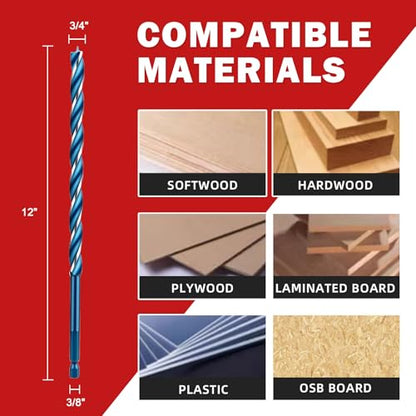 3/4" x 12" Wood Auger Drill Bits, 3-Flute Hex Shank - size: 3/4" x 12"