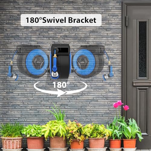 Retractable Garden Hose Reel, 1/2" x 131FT Heavy Duty Automatic Retractable Hose Reel Wall Mount, with 10- Function Sprayer Nozzle, Any Length Lock/Auto Rewind/180°Swivel - size: 130 Ft