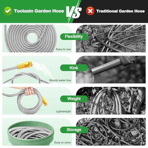 Garden Hose 50FT, Stainless Steel Metal Water Hose with 10-Function Nozzle - color: Silver