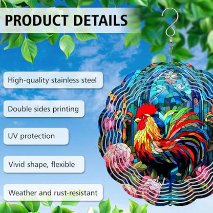 Rooster Yard and Garden Wind Spinner, Unique 3D Hanging Rooster Wind Spinner - color: Rooster