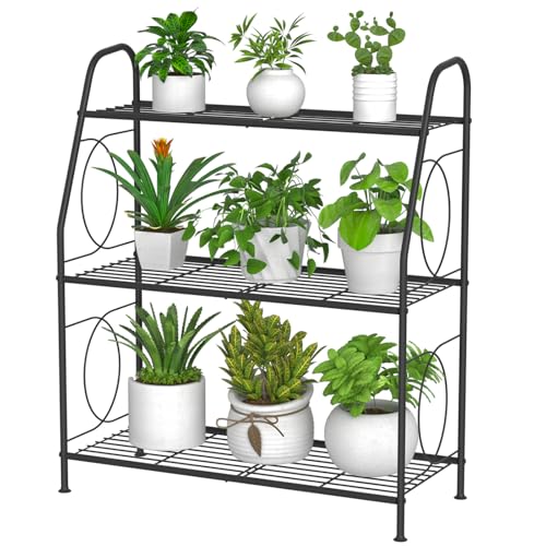 VyGrow Plant Stand, 3 Tier Plant Shelf for Indoor Outdoor, Heavy Duty Metal Outdoor Plant Stand Holder Rack for Living Room Balcony and Garden, Iron Wire, Black - color: Black, size: 3 Tier - Iron Wire
