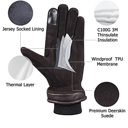 SKYDEER 3M Thinsulate Thermal Winter Work Gloves with Windproof Premium Genuine Deerskin Suede Leather (Unisex SD8671T) - color: Sd8654t, size: Large