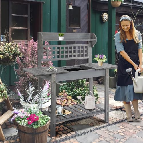 Outsunny Outdoor Potting Bench Table with Sliding Tabletop, Gray