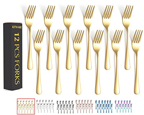 12 Pieces Gold Salad Forks Set, Stainless Steel Flatware Utensils, Home & Kitchen Metal Cutlery Set, Heavy Duty Silverware Small Forks 6.8 Inch, New Appartment Essential Tableware - size: Gold Fork