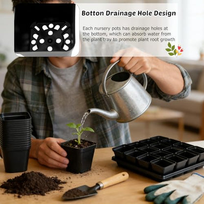 2.6in 100 Pcs Square Nursery Pots with 5 Pcs Plastic Seed Starting Trays - size: 2.4in-100pcs