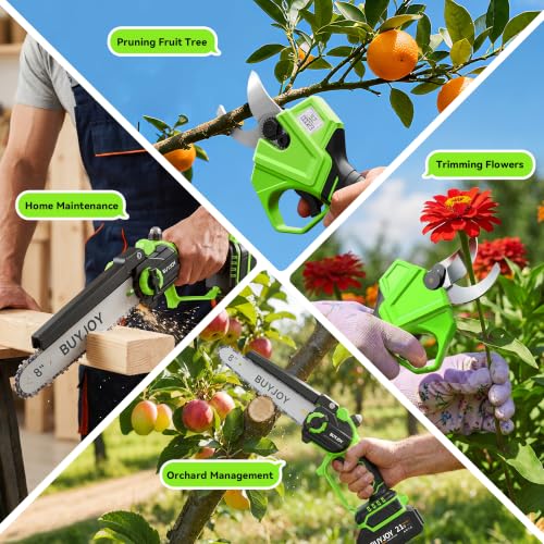 BUYJOY 4-in-1 Electric Pruning Shears & 8 Inch Pole Saw Combo - color: Green-black