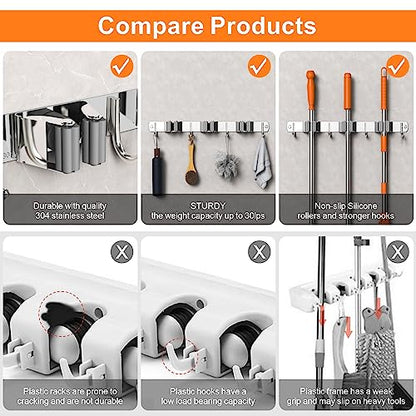 2 Pack Mop and Broom Holder Wall Mount for Kitchen Garden Garage Laundry - color: Silver, size: 2Pack 3R4H