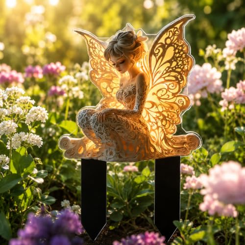 2D Flat Garden Stake Light, Waterproof Acrylic Butterfly Fairy Figurine Lawn Ornament, Lighted Outdoor Landscape Stake for Flower Bed Patio Cemetery Holiday Yard Accent (Angel 2) - color: Angel 2