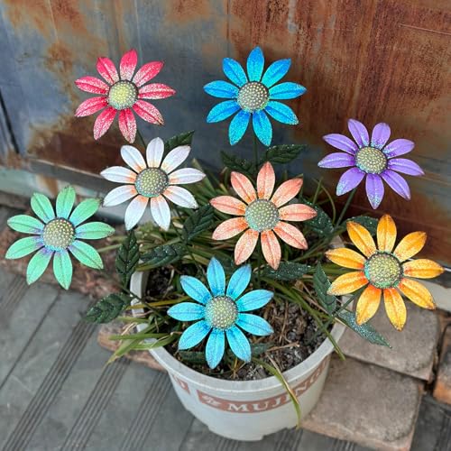 HUTHDAK Metal Flowers for Outside,8 Pack 16.15" Decorative Garden Stakes - color: 8 Glitter Flowers（16.15inch）