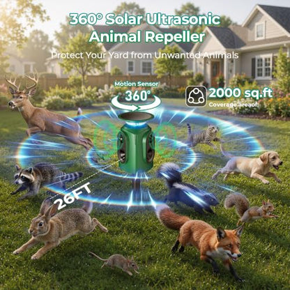 Solar Animal Repeller Outdoor, Squirrel Repellent & Cat Repellent Outdoor, Deer Repellent Devices, Coyote Deterrent Raccoon Repellent, Motion Activated Cat Deterrent 5 Modes IP65 Waterproof