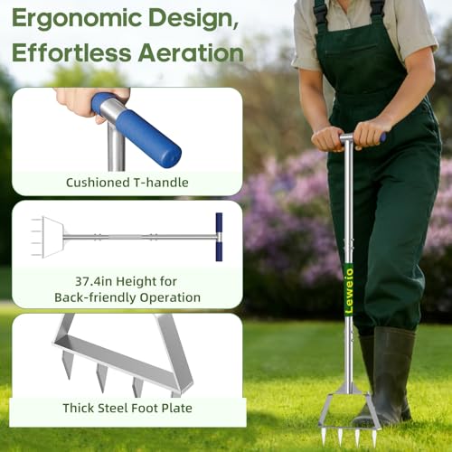 Heavy Duty Steel 4 Conical Spike Lawn Aerator for Compacted Clay, Non-Clog - color: GREEN