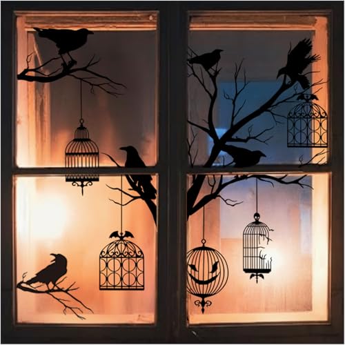 Halloween Window Bird Decals - Gothic Crow Stickers for Glass, 9 Sheets - color: Black-halloween Bird Stickers