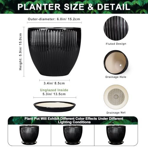 6 Inch Ceramic Planter, Indoor Plant Pots with Saucer, Black - color: Black, size: 6 Inch