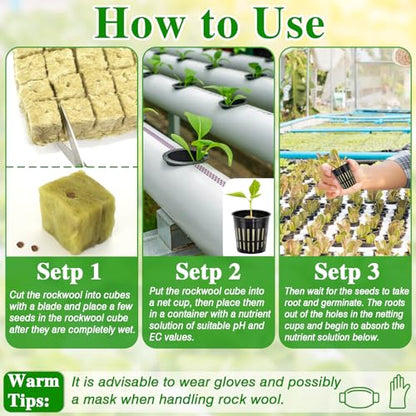 Halatool 144PCS 1.2" Rockwool Cubes & 120PCS 2" Net Cups for Hydroponics - size: 1.2" rockwool-144pcs+2" net cups-120pcs