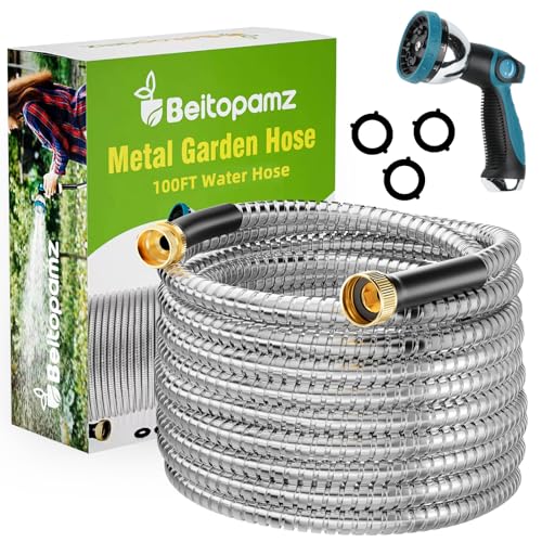 Beitopamz 100 ft Stainless Steel Metal Garden Hose with Nozzle - size: 100 ft