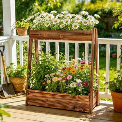 36" 2-Tier Freestanding Elevated Wooden Raised Garden Bed - color: 36" H Garden Bed-carbonized Wood Color
