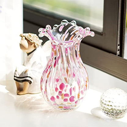 QFkris Hand Blown Glass Vase, Modern Art Flower Vase with Pink Petal Decor - color: Pink Bubble