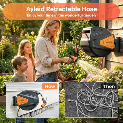 Ayleid Retractable Rubber Hybrid Garden Hose Reel, 5/8"x100ft Wall Mount - color: Deep Black