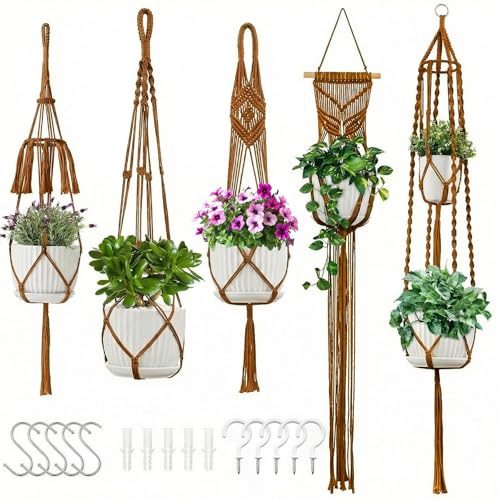 Macrame Plant Hangers 5Pack, Handmade Cotton Rope Hanging Planters - color: Caramel