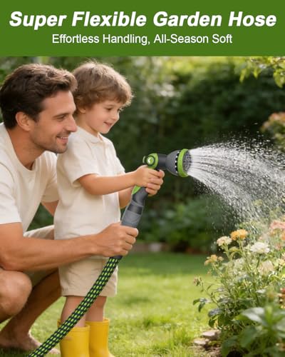 Garden Hose 100ft, Flexible Ultra Lightweight Durable, Kink-Free Water Hose with 10 Function Sprayer - Non-Shrinking, Easy to Store, All-Weather, High-Pressure - size: 100ft