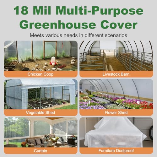18 Mil Greenhouse Cover, 14x18 FT Clear Heavy Duty Greenhouse Tarp, UV Resistant Waterproof Green House Plastic Covering with Grommets for Garden, Farms, Nursery - size: Clear White 14FTx18FT