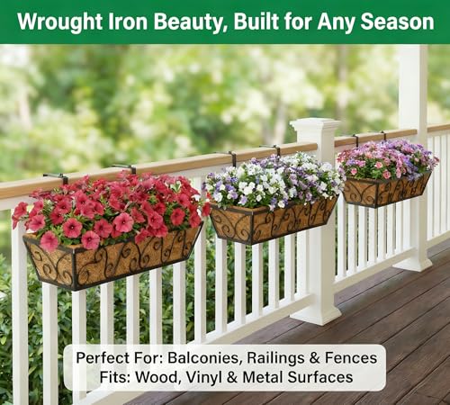 Y&M 6Pcs 30 Inch Large Window Box Railing Planter with Coco Liner, Outdoor Window Flower Boxes Over The Railing Planter Boxes Deck Fence Porch Patio Planter-Butterfly - size: Butterfly 30in 6p