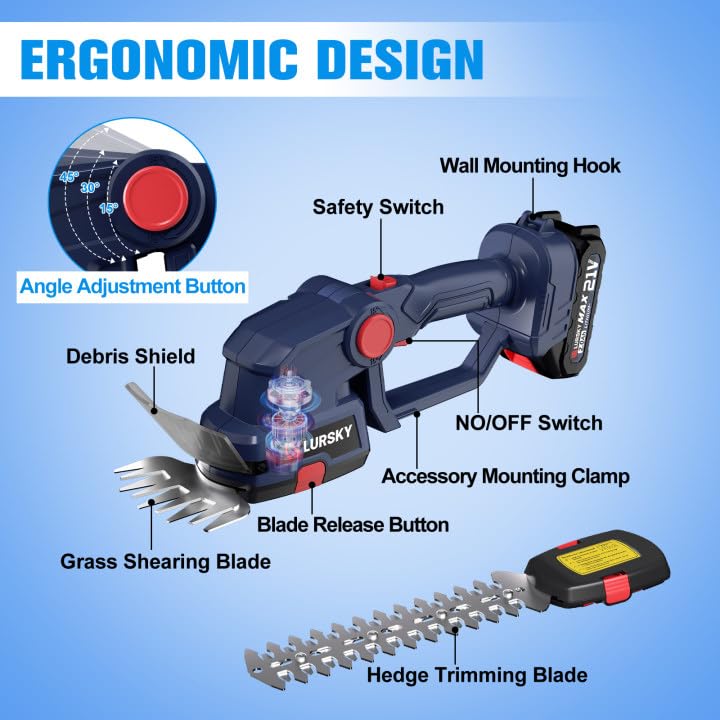Cordless Hedge Trimmer with Battery 2.0Ah, 2-in-1 21V Grass Shears