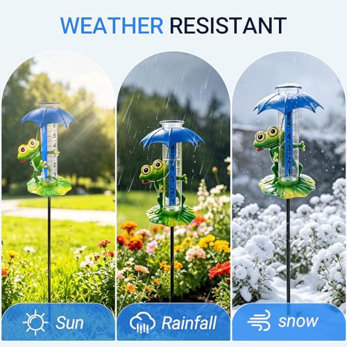 Rain Gauge Outdoor, 0-7 Inch Decorative Frog Rain Gauge with Garden Stake