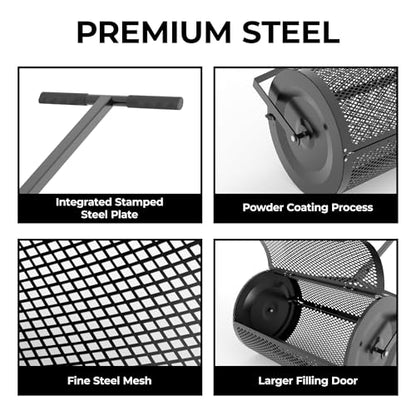 KYBOLT 24 Inch Compost Spreader with Adjustable Push Pole & Easy Open Door - Lightweights Metal Mesh Lawn Spreader for Peat Moss, Topsoil, Manure, Mulch | Durable & Rust-Proofs Garden Spreader Tools