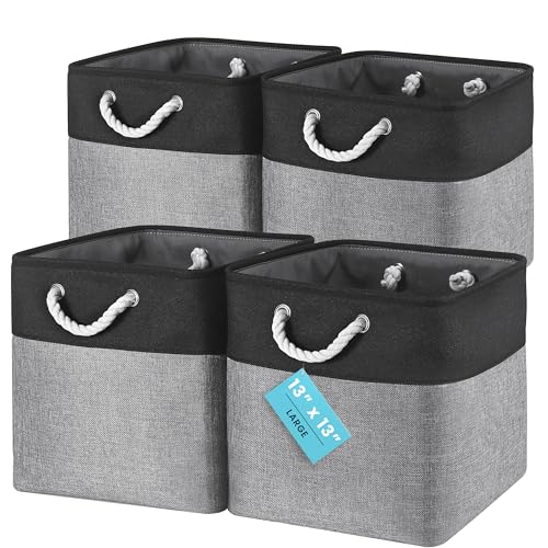 OrganiHaus 13x13 Cube Storage Bins, 4-Pack Fabric Cubes, Rope Handles - color: Gray Base / Black, size: 4 pcs (13x13)
