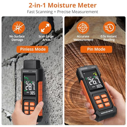 Proster 2-in-1 Moisture Meters Pin Pinless Tester for Wood/Drywall