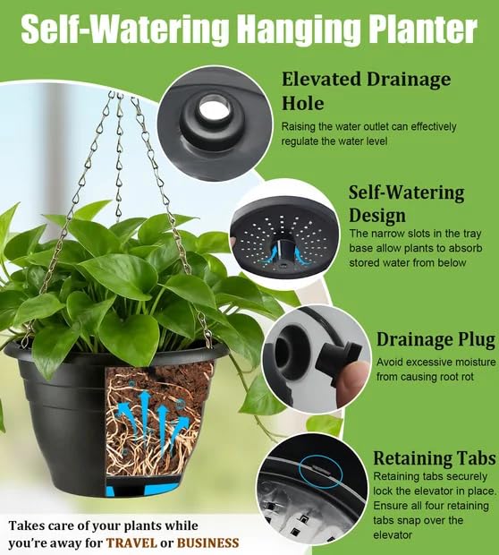 Hanging Planters 11 Inch, 4 Pack Self-Watering Hanging Baskets pots, Black - color: Black, size: 11 Inch-3P