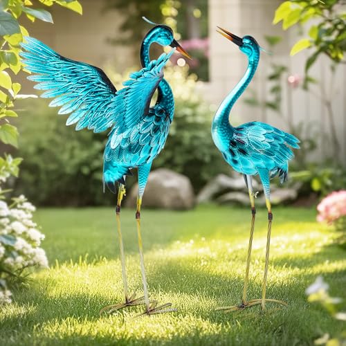 37" Blue Heron Statue Outdoor Decor, Large Metal Cranes for Garden - color: 36.8" -Bright Blue