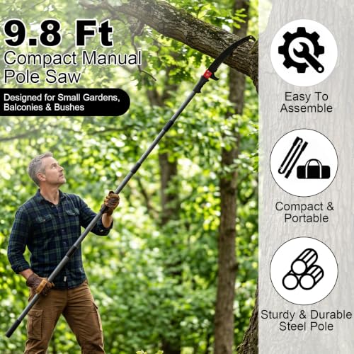 LEVELEVE Manual Pole Saw,4.6-9.8 ft Extendable Tree Pruner, Sturdy 6 Section Steel Pole,High Carbon Steel Double-Hook Blade,Branch Trimmer for Low & Medium Branches, Shrubs, Garden, Patio and Yard Use