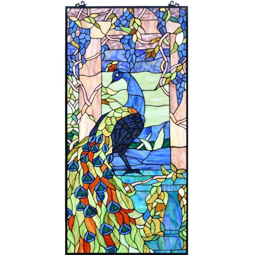 Bieye W10096 Peacock Tiffany Style Stained Glass Window Panel, 19.5Wx40.5H - size: 19.5Wx40.5H Rectangular