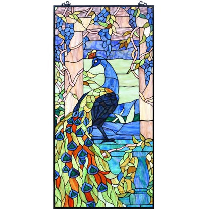 Bieye W10096 Peacock Tiffany Style Stained Glass Window Panel, 19.5Wx40.5H - size: 19.5Wx40.5H Rectangular