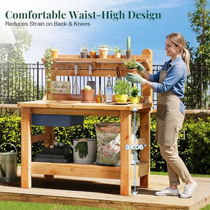 Jocisland Outdoor Solid Wood Potting Bench with Large Tabletop, Sink&Shelf