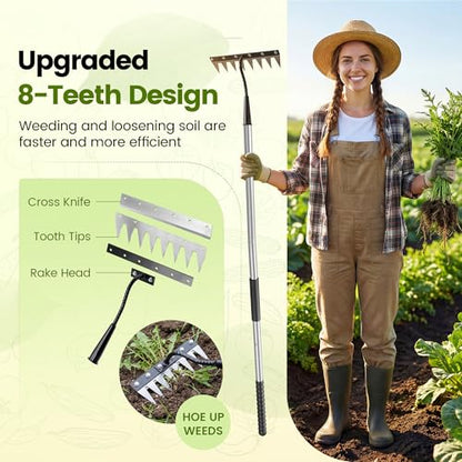 Iron Weeding Rake with Long Handle, Manual Weeder Tool for Garden