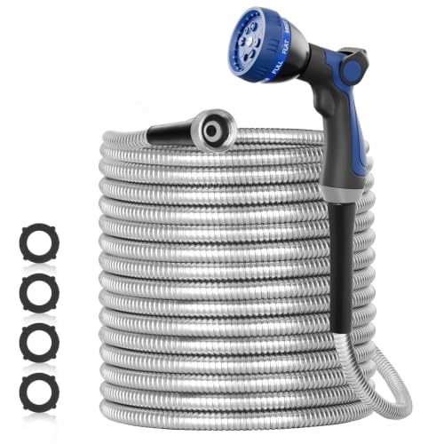 SPECILITE 50ft 304 Stainless Steel Metal Garden Hose with Blue Nozzle - color: Sliver, size: 50 ft