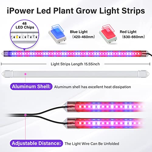 iPower LED Plant Grow Light Strips Full Spectrum with 3 Timing Modes, 10 Dimmable Levels 48 LEDs Per Tube, Sunlike Grow Lamp for Hydroponics Succulent