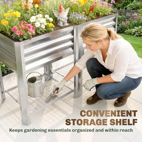 Outsunny Galvanized Steel Raised Garden Bed with Storage Shelf, Silver - color: Silver
