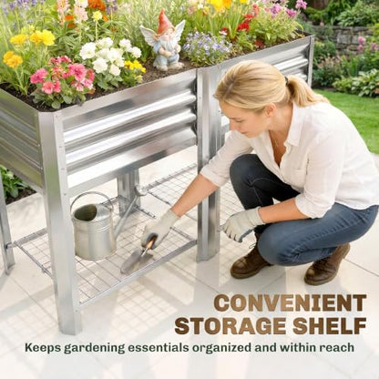 Outsunny Galvanized Steel Raised Garden Bed with Storage Shelf, Silver - color: Silver