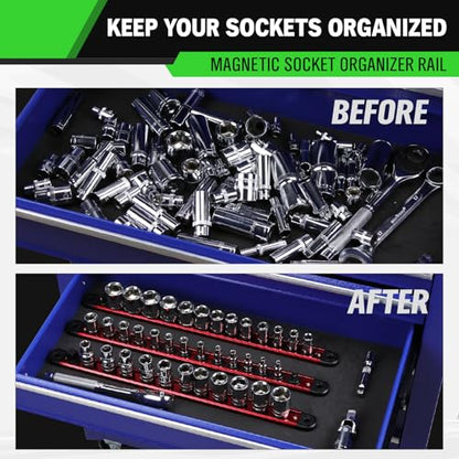 1/2-Inch Magnetic Socket Organizer Rail, Aluminum Alloy Socket Rail, Heavy Duty Sockets Holder with 12 Clips, 360° Swivel Clip Tool Tray, Sockets Organizer for Tool Box Drawer (Red) - style: Red 1/2-inch
