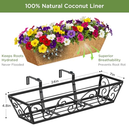 Y&M 24 Inch Window Deck with Coco Liner, Fence Metal Hanging Flower Planter Window Basket Deck Railing Planter Boxes for Outdoor Garden Lawn-Butterfly, 2pcs - size: Butterfly 24in 2p