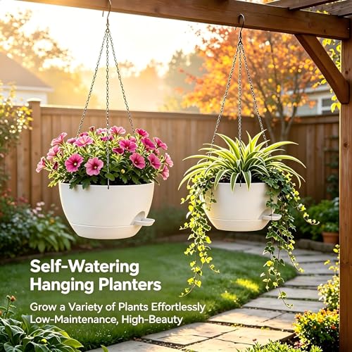 12 Inch Self Watering Hanging Planters 2 Pack, White - color: White