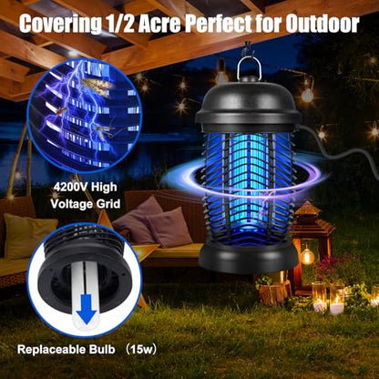 Bug Zapper Outdoor, 4200V Electric Mosquito & Fly Zapper, Black