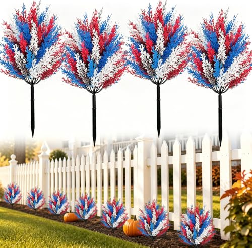 4 Pack 16.5" Artificial Cedar Trees Outdoor with Spikes - UV Resistant Red, White & Blue Faux Evergreen Shrubs for Front Porch, Garden Pathway & Yard Planter Decor - color: Red White Blue