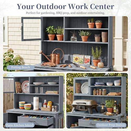 Potting Bench with Hutch, 65" H Solid Fir Wood Garden Workstation, Large Countertop, Patio Kitchen Island with Adjustable Shelves, Spice Rack, Side Hook and Drawer, Gray - size: Gray+1 Drawer