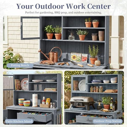 Potting Bench with Hutch, 65" H Solid Fir Wood Garden Workstation, Large Countertop, Patio Kitchen Island with Adjustable Shelves, Spice Rack, Side Hook and Drawer, Gray - size: Gray+1 Drawer