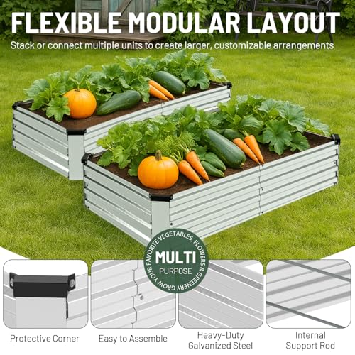 2 Pack 8x4x1FT Galvanized Metal Raised Garden Bed Kit for Vegetables, Herbs, Open-Bottom Large Capacity Outdoor Planter Box Gardening Stakes, Silver - size: 8x4x1FT(2PCS)